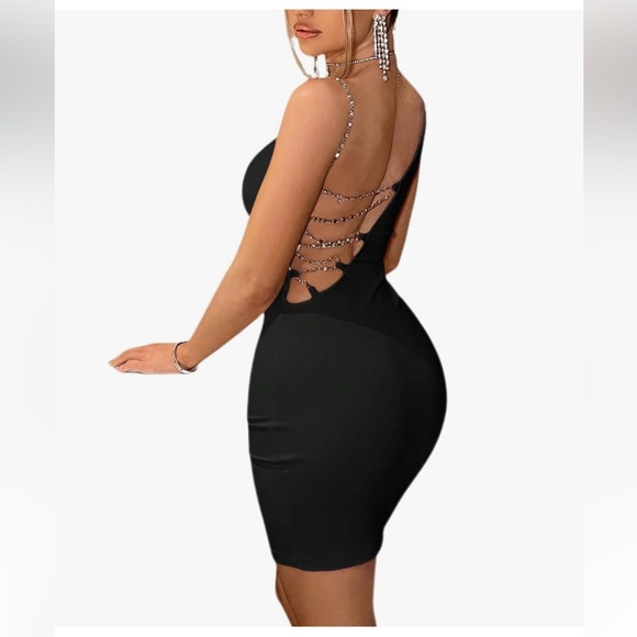 Black L dress one shoulder silver crystal chain sleeveless bodycon mini - Picture 4 of 11